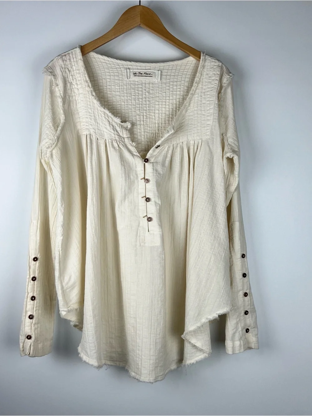 Free People Sand Dune Henley Oversized Tunic Top Boho Fringe Hem Cream Size L